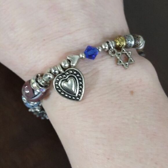 Women's Silvertone Coexist Charms with Multi Color Beaded Bracelet - Picture 6 of 7